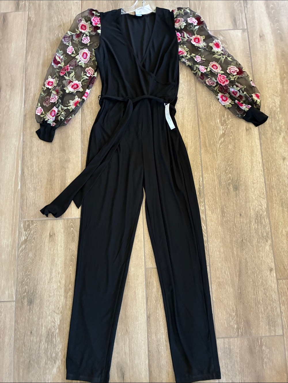 VENUS Black Wrap Jumpsuit with Floral Sheer Puff Sleeves